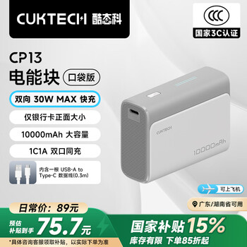 酷态科 PB100 电能块口袋版 移动电源 1A1C 30W 10000mAh 亚钛灰