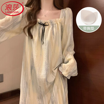 浪莎 帶胸墊睡裙女秋大碼純欲風家居服甜美少女可外穿長袖女士睡衣