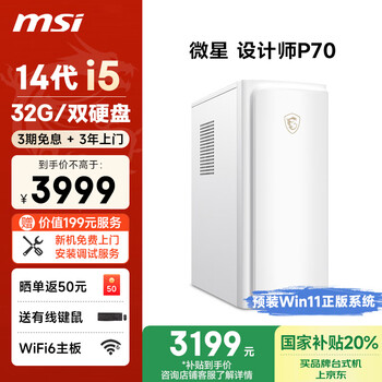 国家补贴：微星 设计师P70 十四代酷睿版 商用办公主机 白色（酷睿i5-14400F、4G独显、32GB、1TB SSD+2TB HDD）