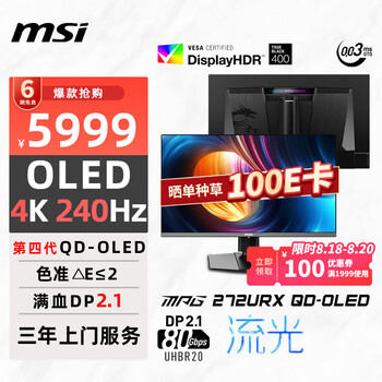 18日：微星 電競顯示器 MPG 272URX 26.5英寸、4K、240Hz、98W