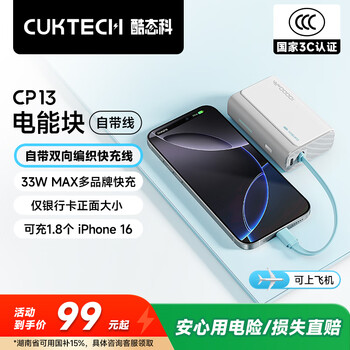 酷态科 LPB100 电能块自带线CP133L 白 10000mAh