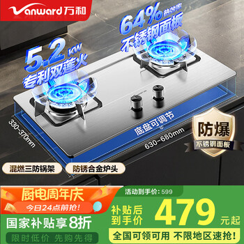 万和 5.2kW大火力 家用台式嵌入式燃气灶具 双眼灶 不锈钢 JZT-B9B50（天然气）