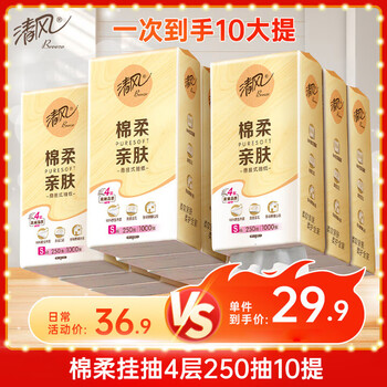 Breeze 清风 悬挂式抽纸 棉柔4层250抽*10提 整箱 （plus会员免运费）