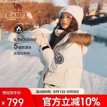 駱駝 戶外極寒派克工裝毛領(lǐng)款羽絨服保暖加厚中長款外套 淺杏色，女036B